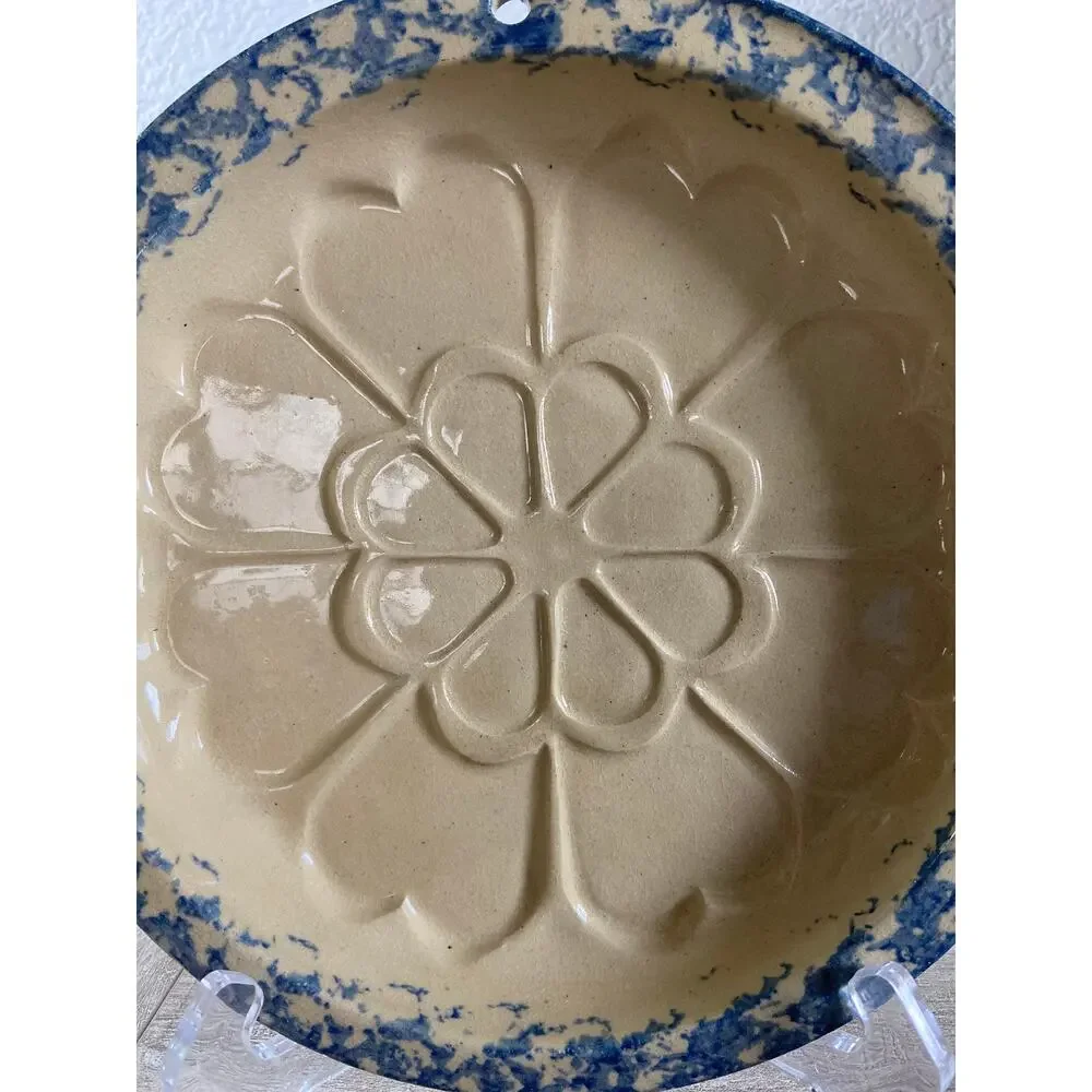 Vintage Pie Plate Speckled Blue Beige Rim Hearts Stoneware